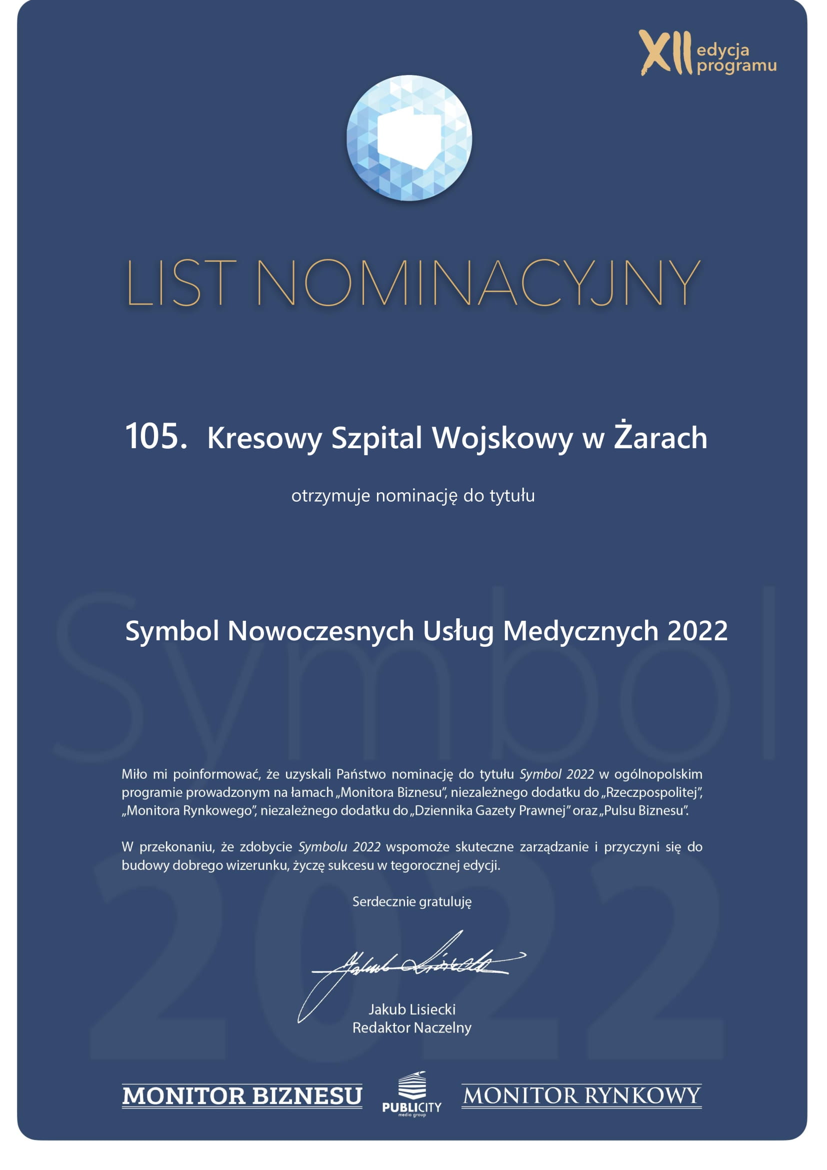 List nominacyjny Symbol 2022 105. Kresowy Szpital Wojskowy w Żarach 1